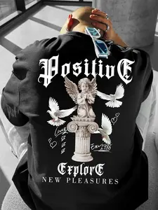 Y2K Gothic Angel Dove Print Men's Loose T-Shirt, Casual Streetwear, Long H-Type Fit, Short Sleeve, Graphic Pattern, Daily Wear