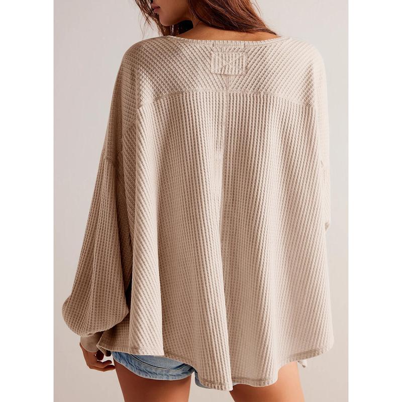 Dokotoo Womens Waffle Knit Tops Fashion Long Lantern Sleeve Casual Blouses V Neck Oversized T Shirts