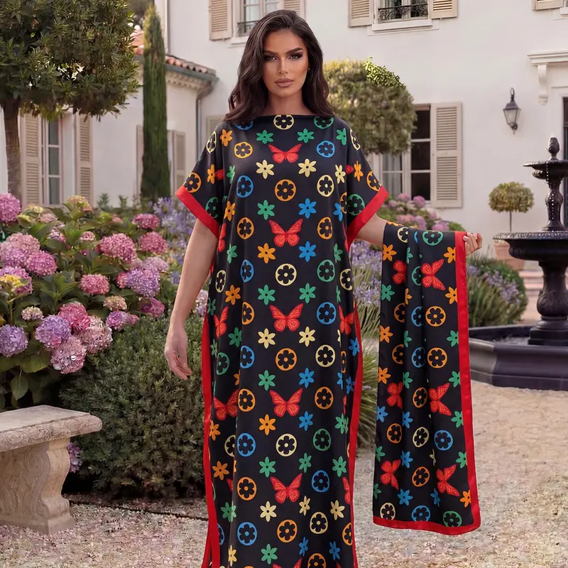 Women's Elegant Butterfly Print Shawl Set, Long Robe Pullover + Headscarf, Beach Sun Protection, Beachwear Coverups, All Seasons, Fitted Style