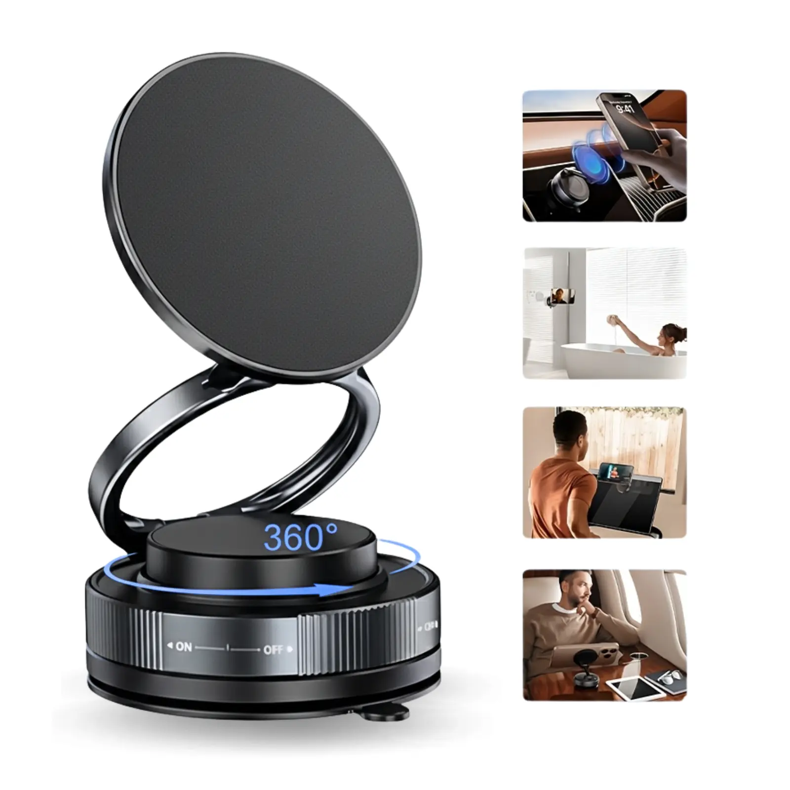 360-Degree Adjustable Foldable Magnetic Phone Mount - Universal Smartphone Holder with Vacuum Suction Cup, 1-Handed Operation, Car Use for iPhone & Android Devices (360-Degree Magnetic Suction Phone Holders & Mounts)