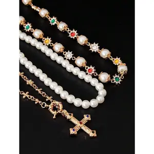 3pcs/Set Retro Luxurious Minimalist Multicolor Rhinestone & Faux Pearl Necklace Set, For Men's Party Wear & Gift Iced Out Cross Stackable Clavicle Chain