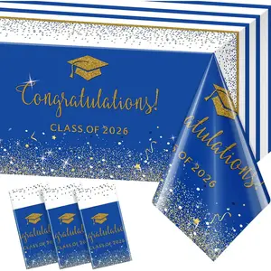 3 Pack Class of 2026 Graduation Tablecloths,Foil Dot Plastic Disposable Rectangle Table Covers for 2026 High School University College Graduation Party Decorations,108*54 Inch (Blue and Gold )
