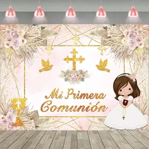 Mi Primera Comunión Baptism Backdrop for Girl First Holy Communion Christening Photography Background Boho Pink Floral God Bless Party Decorations Banner Photo Props (7x5FT)