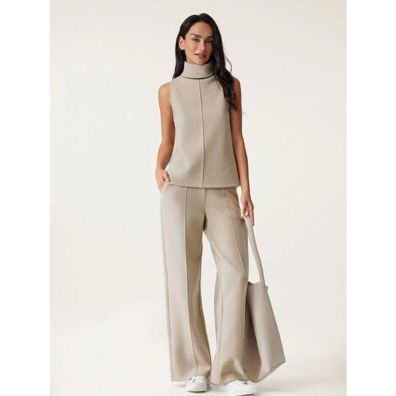 2Pcs Set Petite High Waisted Straight Leg Pant & Split Hem Top