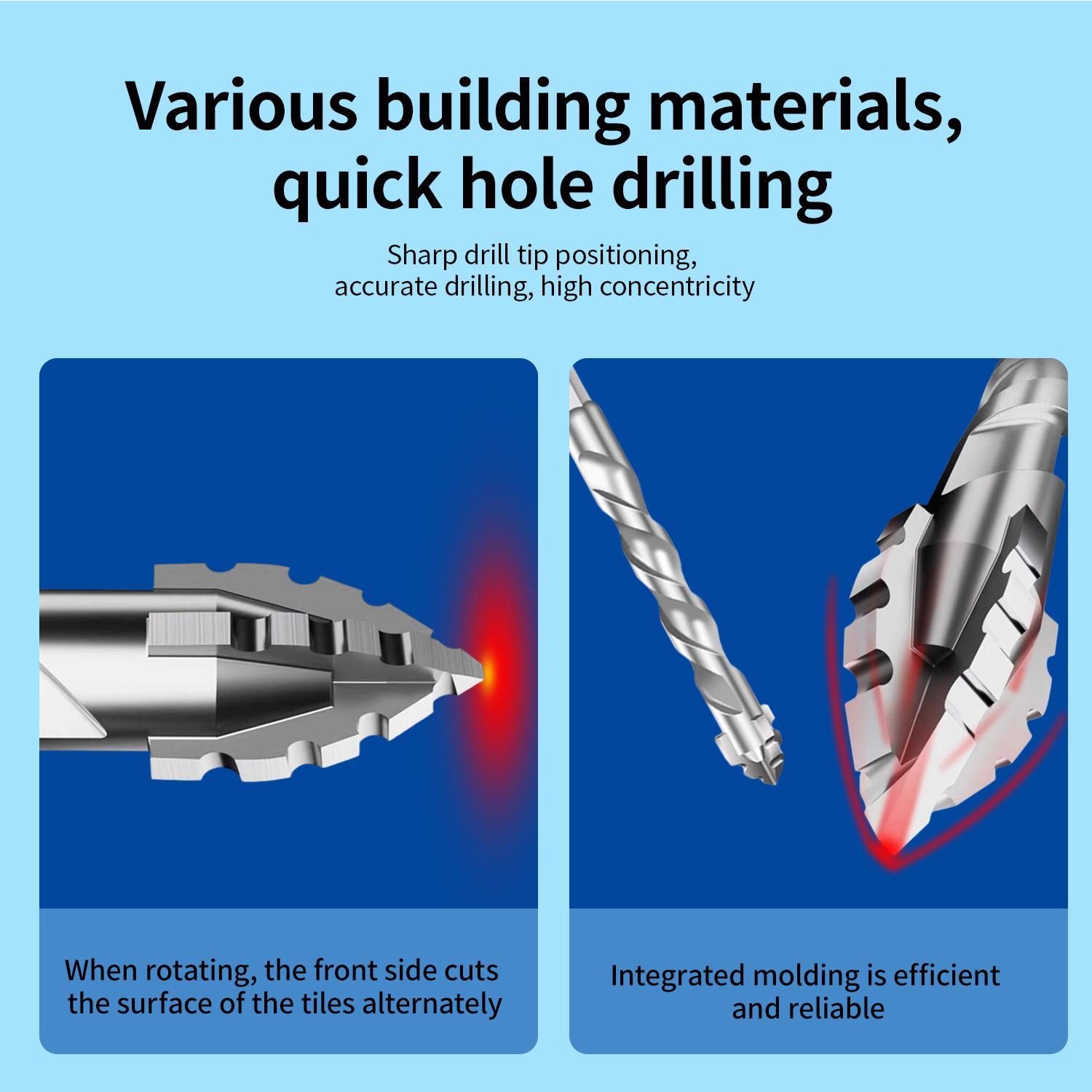 5 Pcs Four-Flute Sawtooth Eccentric Drill Bit Set, Heavy-Duty Carbide Tip for Stone, Glass, Concrete, Wood, Brick, Metal (5/32", 15/64", 5/16", 25/64", 15/32") High-Strength Unique Thread Cutting Feature