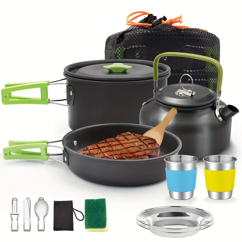 16-Piece Stainless Steel Universal Camping Cookware Set - Portable Outdoor Cooking Equipment with Gas Stove, Cutlery, Cups, Plates for Compact Backpacking, Light Hiking, Portable Gas Stove