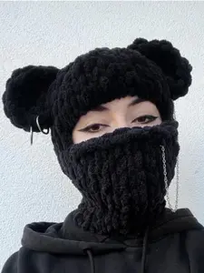 Women's Street Style Braided Design Bear Ear Decor Winter Hat, Casual Fitted Hat, Trendy Knitted Balaclava Hat for Fall & Winter, Fashion Accessories for Women & Girls, Gift Ideas for Women