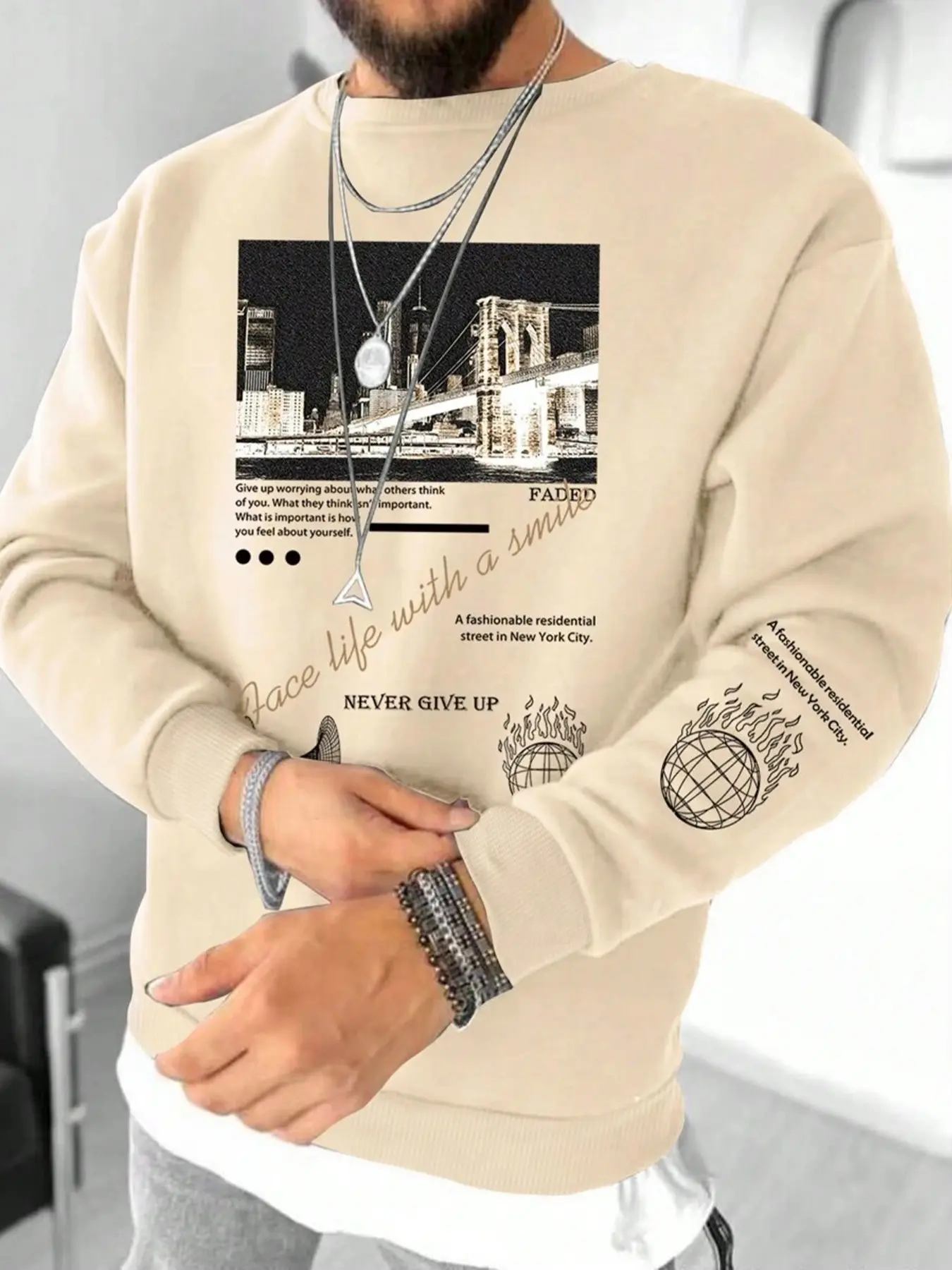 Composite Hot-Selling Letter Landscape Graphic Print Fleece Soft Sweatshirt, Graphic Sweatshirts, Fall & Winter Fashion Streetwear Casual Round Neck Pullover, H-Type Silhouette, Fitted Fit
