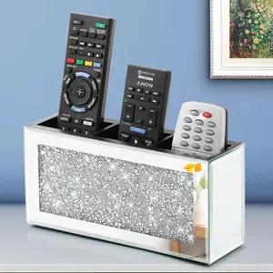 Mirrored Remote Control Holder with 3 Compartments for Wall, 3 Slots Silver Crushed  Remote Organizer, Decorative Storage Box for Living Room, Bedroom, Home Decor