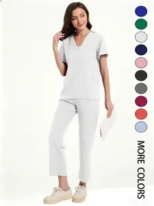 Women's Medical Short Sleeve V-Neck Multi-Pocket Set Uniforms, Lightweight Comfortable, All Seasons, Suitable for Nurses Doctors Dentists Beauty Salons, Workwear