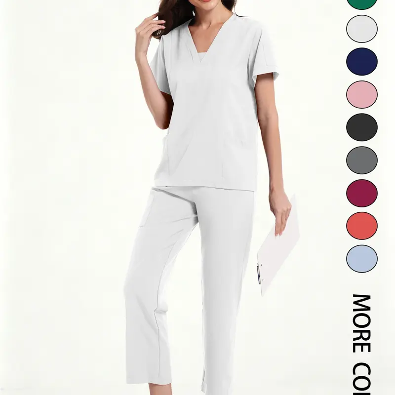Women's Medical Short Sleeve V-Neck Multi-Pocket Uniforms Set, Nursing Scrubs, Loose Lightweight Comfortable Polyester, All Seasons, Suitable for Nurses, Doctors, Dentists and Beauty Salons, Workwear