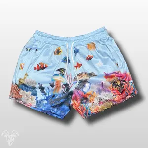 Ocean Themed Mesh Gym Shorts  - 5 Inch Inseam gym shorts, Zipper Pocket | Exotic Fitness Activewear | Ocean design shorts - blue ocean themed mesh gym shorts outfits