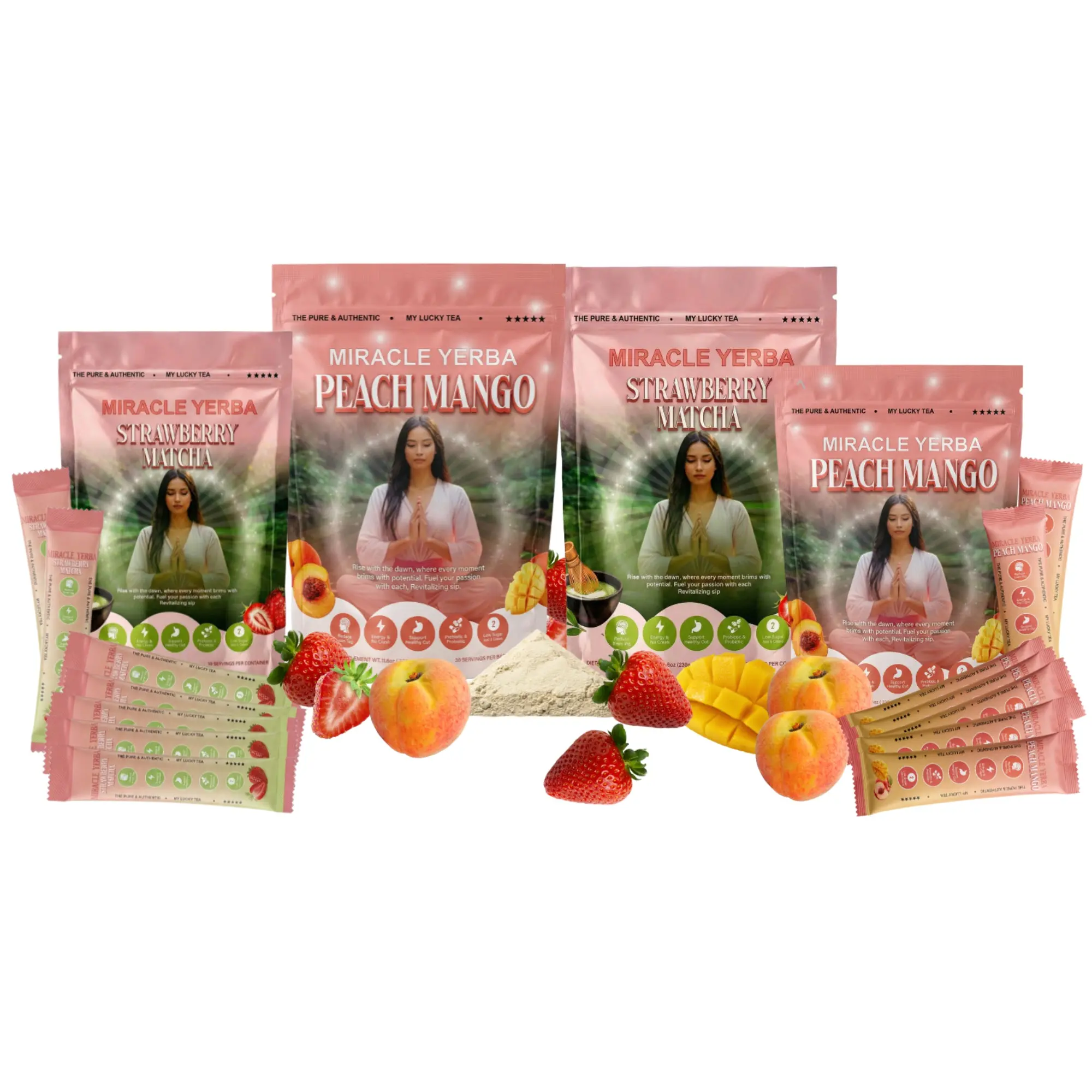 Miracle Yerba by My Lucky Tea – Yerba Mate Tea Bundle | Peach Mango+ Strawberry Matcha Variety Pack – Pack of 4 | Two 30-Servings + Two 7-Serving To-Go Sticks | Natural Energy