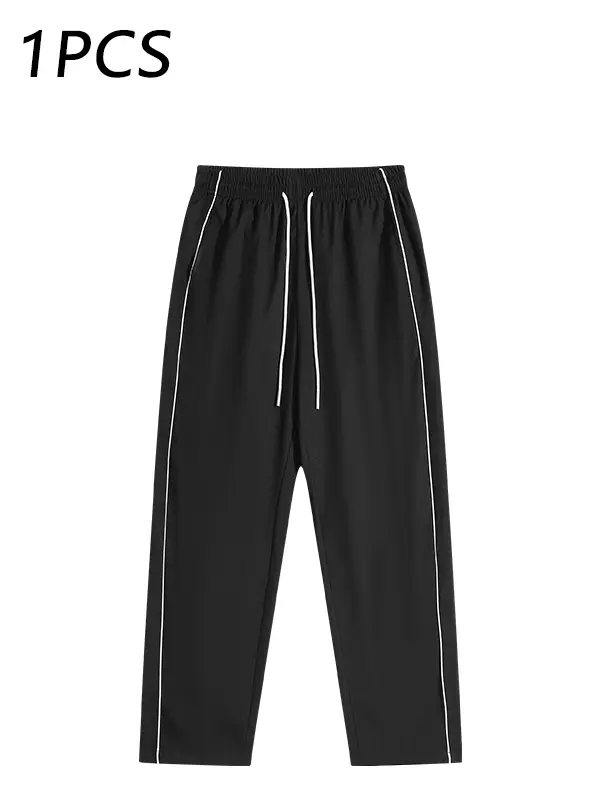 Men's long pants, men's casual pants, men's athletic pants, men's sweatpants.Side design with two white stripes, loose straight wide-leg pants.At home, casual everyday wear, holiday outings, commuting to work—suitable for both men and women.