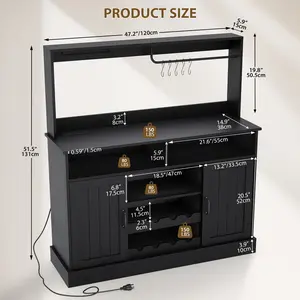 47" Buffet Sideboard with Power Outlets Farmhouse Coffee Bar Cabinet with Storage, Large Buffet Storage Cabinet Table with Wine Racks, Goblet Holder, Hooks for Kitchen, Dining Room, Entryway, Black
