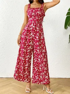 Women's Casual Loose-Fitting Wide Leg Jumpsuit with Pockets, Perfect for Daily Wear and Vacation, Stylish Bohemian Boho Floral Print Overall