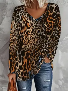 【Plus Size】Women's Leopard Print Long Sleeve Top, Loose Fit Casual Daily Wear, Comfortable Geometric Pattern Design, All-Season Fashion Essential