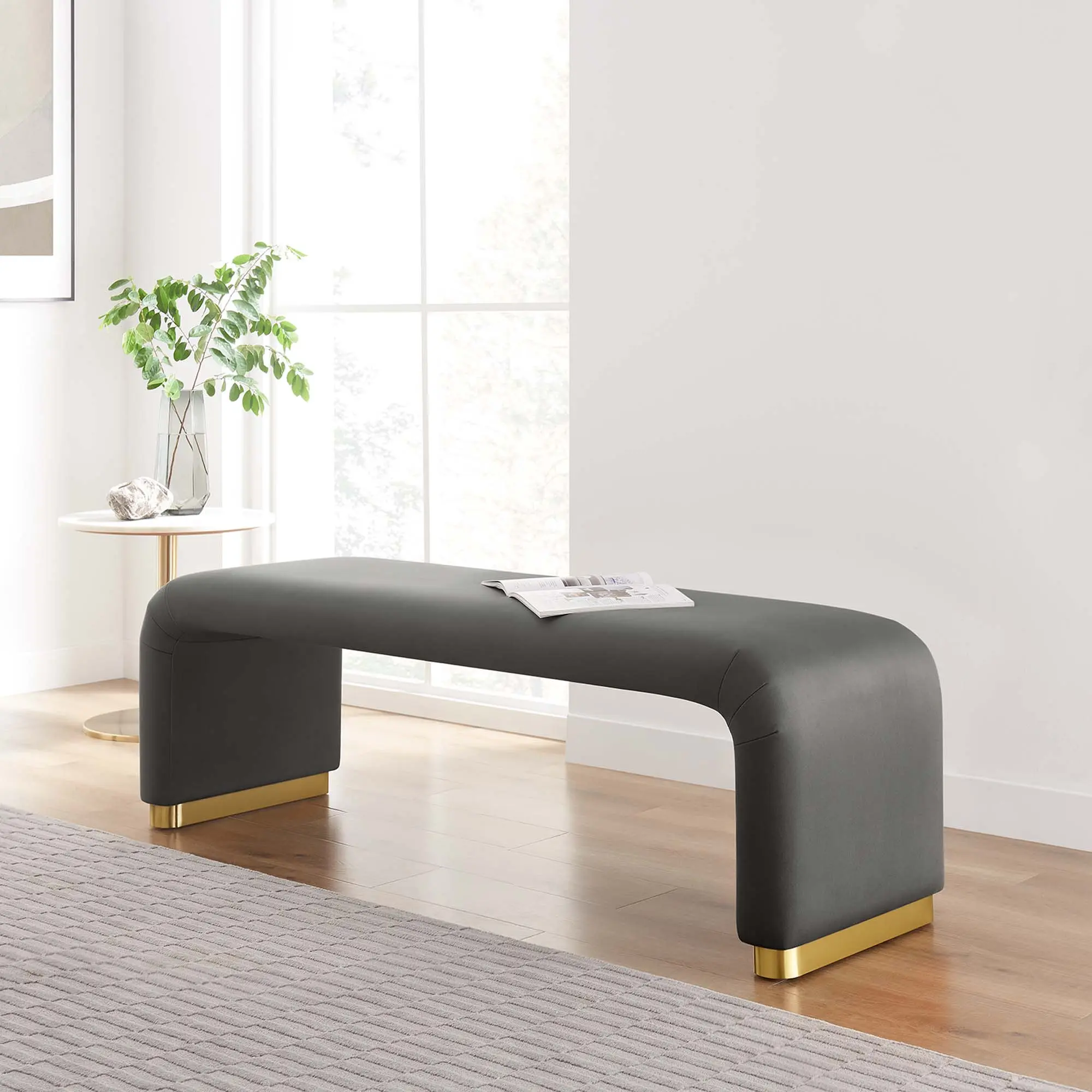 Modway Koda Performance Velvet Waterfall Long Bench in Brass Storm Gray