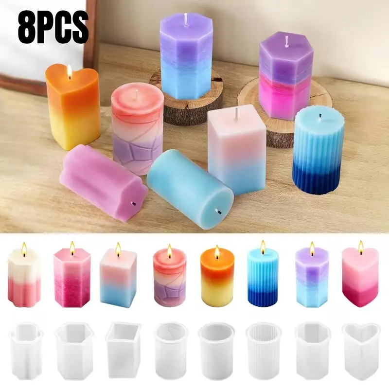 8PCS Reusable Silicone Candle Molds Set - Cylinder/Hexagon/Octagonal/Heart/Flower/Square Shapes for DIY Candle Making, Soap, Resin Crafts, Easy Release Candle Making Kit (8, Cylinder & Hexagon)