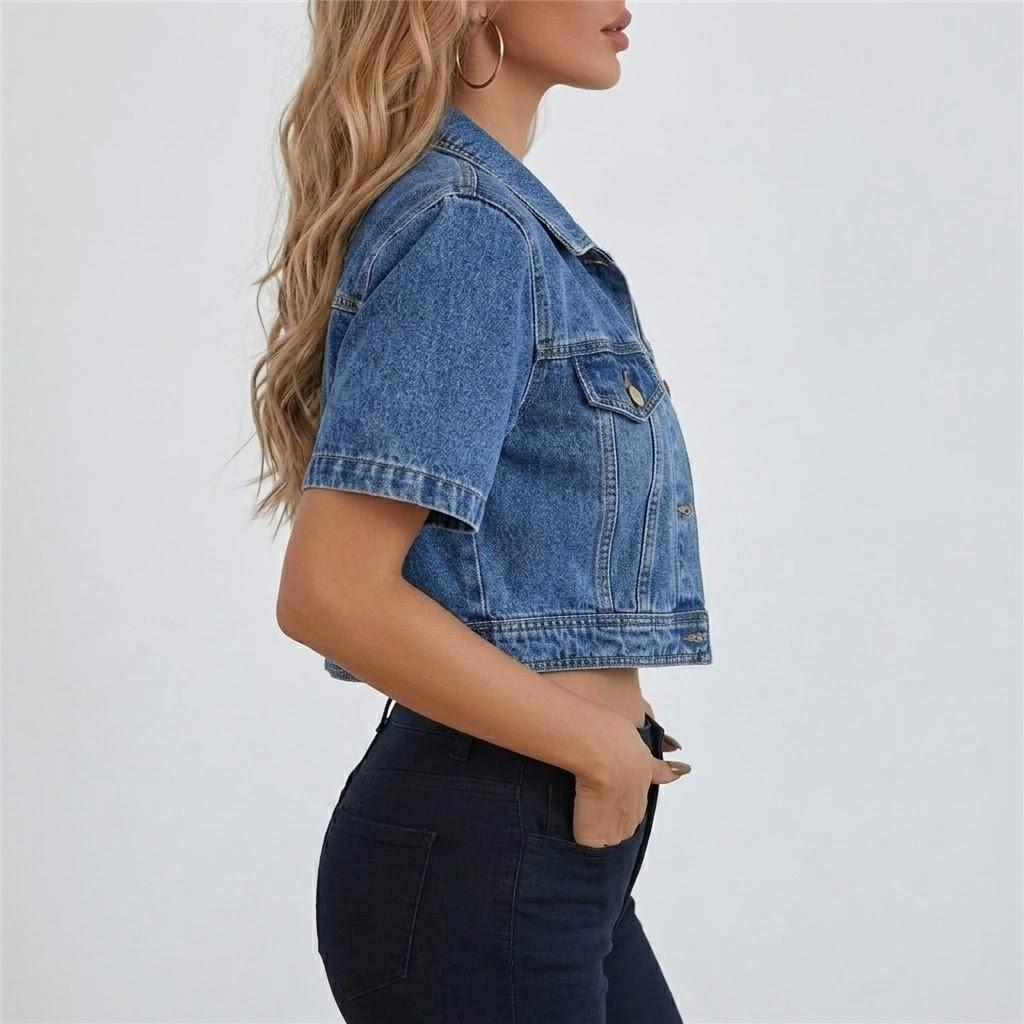 Y2K Cropped Short Sleeve Denim Jacket for Women Vintage Jean Coat Button Down Casual Streetwear Womenswear Tops