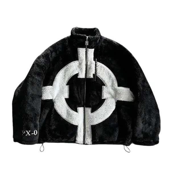 Men's PX-0 Bartholomew Kuma Sherpa Zip-Up Fleece Jacket - Cool, Warm, Bold Cross, Casual Unisex Oversized Faux Fur Anime Streetwear Coat for Fall Winter Daily & Cosplay Wear