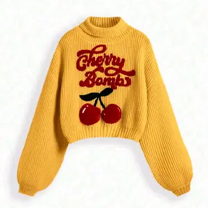 Collegiate Cherry Sweater Yellow Color Long Sleeves Ribbed Design Featuring Cherry Blossom Graphic Tops & Casual Crewneck Knitwear - Comfort