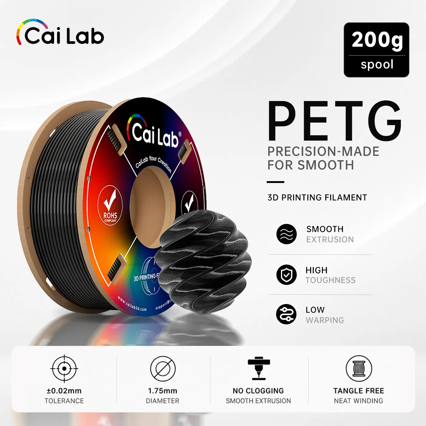 Cailab Petg 3D Printer Filament 1.75mm 200g Spool, High Toughness and Impact Strength, Excellent Layer Adhesion, Suitable for Fdm Printing
