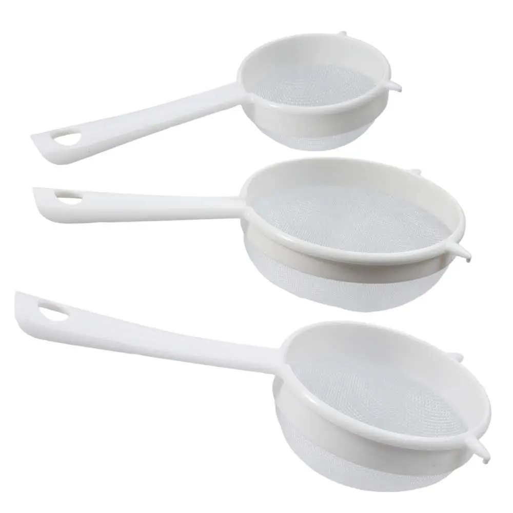 3 Pcs Plastic Mesh Strainer Colander with Handle Double Ear Fine Food Mesh Strainer Flour Sifter for Baking Kitchen Colander Sifter Kefir Tea Juice Pasta(3 Inch, 5 Inch, 7 Inch)