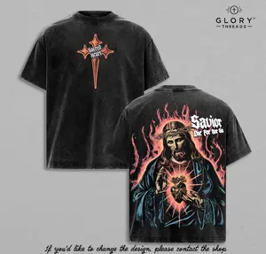 Sacred Heart Savior Tee | Vintage Washed Christian Oversized Shirt | Jesus Died for Our Sins Graphic | Faith and Redemption Streetwear | Glory Threads Spiritual Apparel Jesus Apparel
