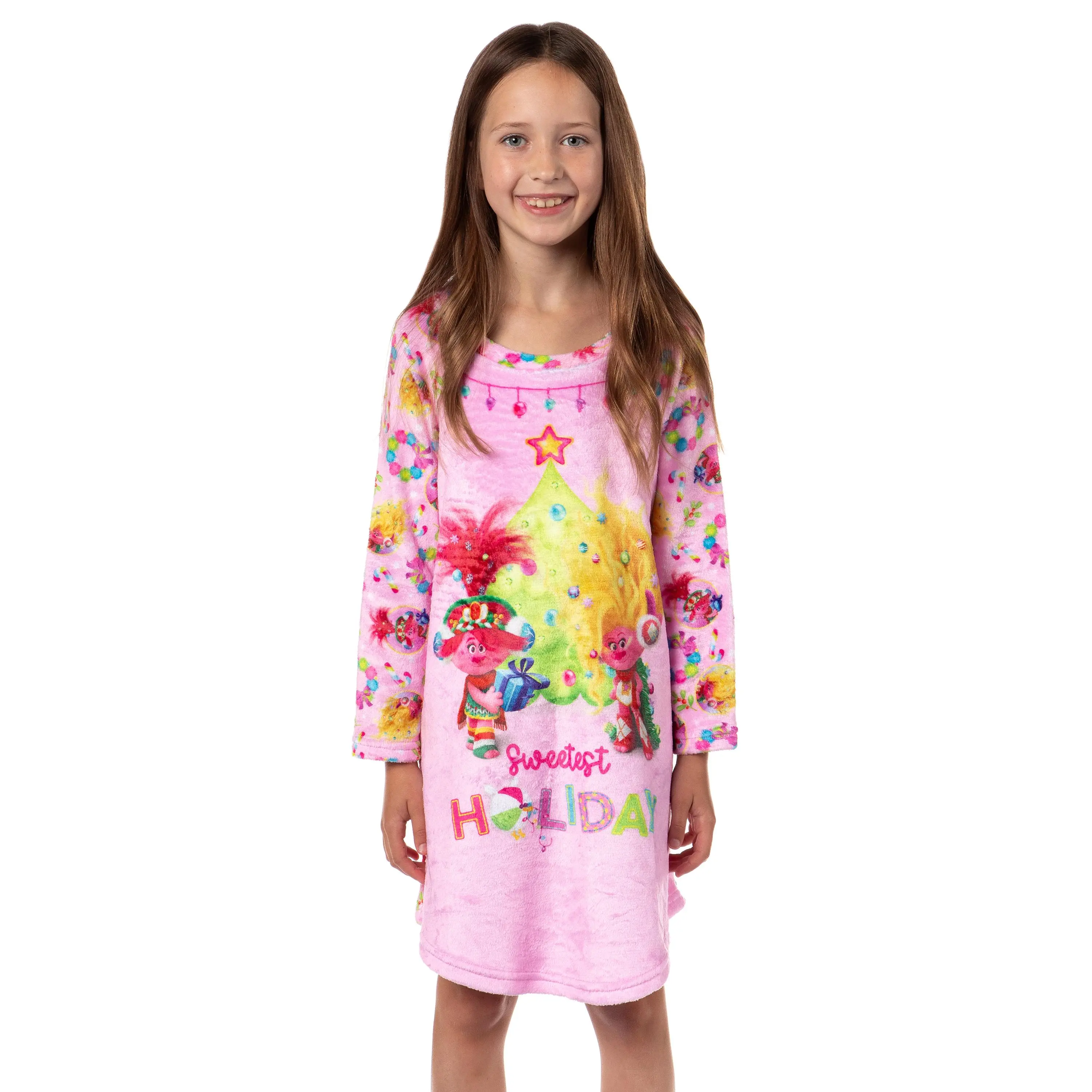 PJammy Trolls Girl's Cute Long-Sleeve Polyester Plush Fleece Raglan Pajama Nightgown, Holiday-Themed Poppy & Viva Kids' Sleepwear Clothes