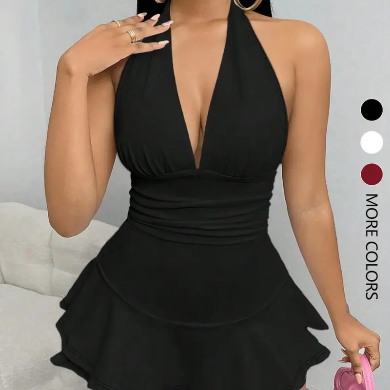 Women's Elegant Chic Simple Minimalist Solid Backless Halter One-Piece Romper, Bodycon Jumpsuit, Ruffle Hem, Sleeveless, Casual Summer, Slim Fit, Fashionable and Comfortable, Strappy Strap Jumpsuit, Bodysuit