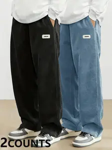 Men's Solid Drawstring Waist Corduroy Pants, Loose Casual Comfy Straight Leg Trousers for Spring & Fall, Men's Bottoms for Daily Wear, Casual Slant Pocket