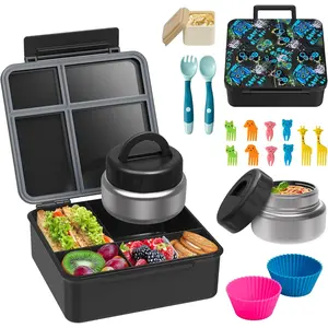 Bento Lunch Box with 9.5 oz Soup Thermo,  Leakproof 4 Compartments Bento Box with  Cupcake,Fruit Fork,Spoon and Sauce Cup,Insulated  Jar for School Travel-