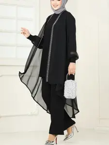 Arabian Casual Women's Three-Piece Set, Abaya Hijab Set, Simple Loose Fit Top Long Pants Jacket, Plain Color, Modest Style, All Seasons, Indoors & Outdoors