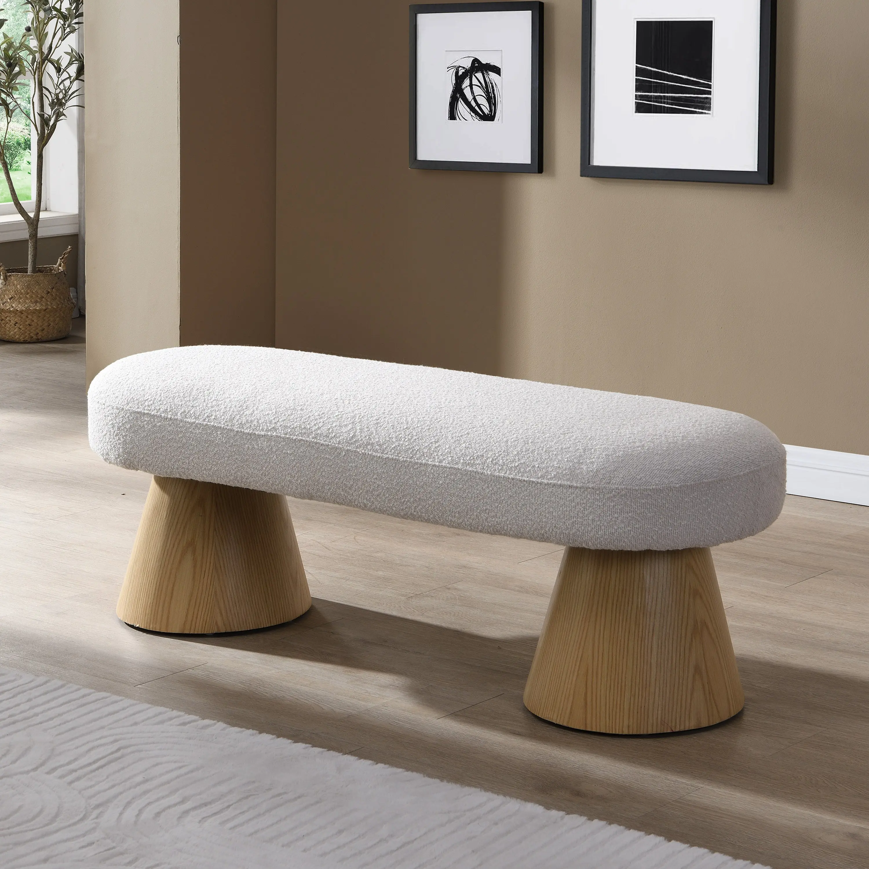 Minimalist Beige Rectangular Pre-Assembled Upholstered Fabric Dining Bench - Wooden Legs, 300lbs Load Capacity, 6' High-Density Foam Core, 49in L x 16.5in W x 17in H, Single Seat, All Ages Use for Dining Room, Entryway, 49'L X 16.5'W X 17'H