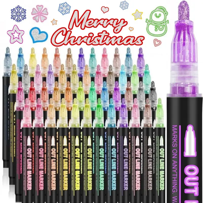 8/12/24/36/48/60 Colors Double Line Outline Markers, Squiggles Shimmer Markers Set, Aesthetic Pens, Self Outline Metallic Glitter Marker Pens for Christmas,Art, Drawing, Writing, Greeting Cards, DIY, Scrapbook, Easter Eggs