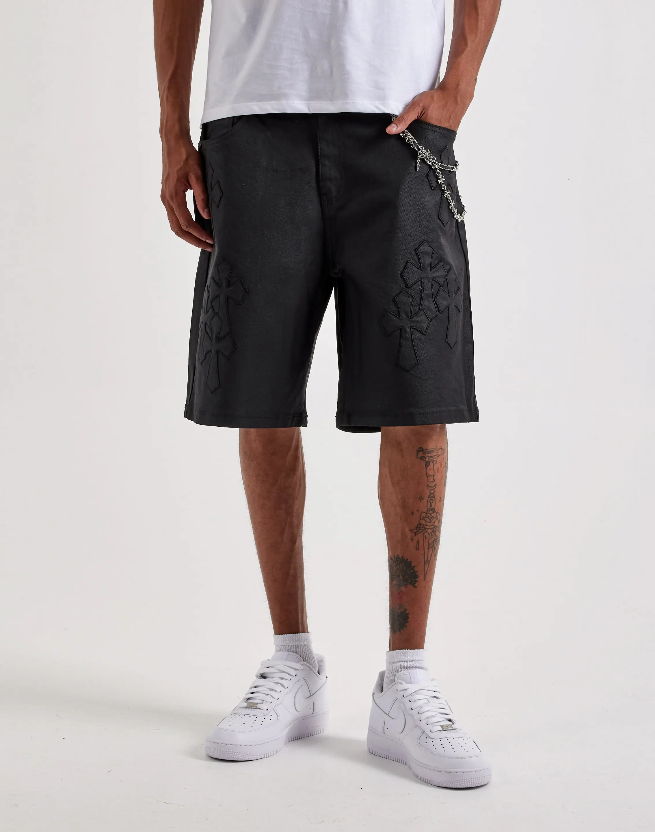 Mens Kilogram Cross Patch Chain Waxed Denim Shorts