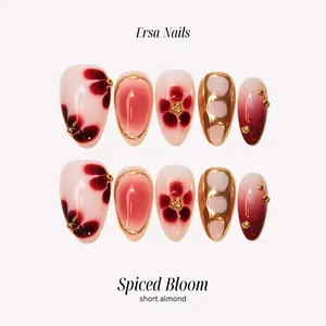 ErsaNails SPICED BLOOM - Short Almond 10 PCS Handmade Press On Nails | Swirl, Metallic & Ombré