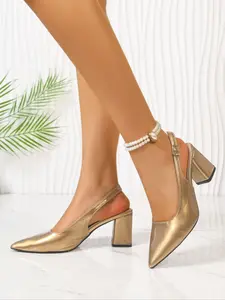 Women's Patent Leather Pointed Toe Block Heel Slingback Pumps, Elegant Party Shoes, Comfortable & Durable Design #BlockHeels #SlingbackPumps #PatentLeather #WomensFootwear