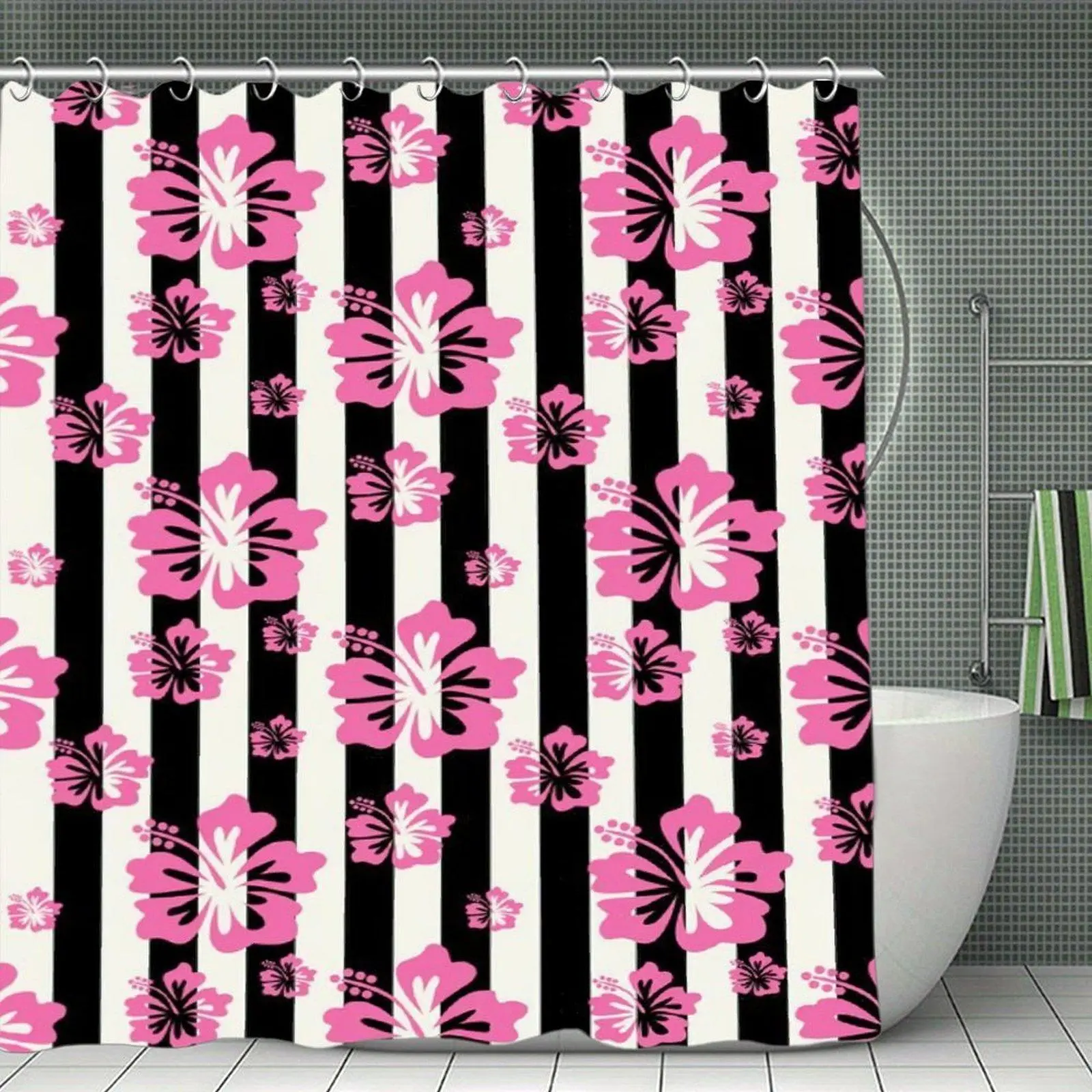 Pink Hibiscus Striped Pattern Themed Cozy Waterproof Polyester Shower Curtain, Quick-Dry Fabric Bath Curtain for Bathroom Decor