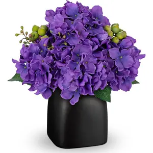 Briful Artificial Purple Hydrangea Arrangement in Matte Black Vase, Faux Floral Centerpiece with Green Berry, Modern Farmhouse Table Decor for Dining Room, Entryway, Living Room, Kitchen Coffee Office