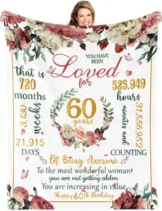 60th Happy Birthday Blanket for Woman-60th Birthday Decorations for Women, 60 Year Old Birthday Gift Ideas for Her, Wife, Daughter, Sister, Friend, Flower Soft Throw Blanket 50" X 60"…