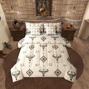 Bull Skull 7 Piece Bedding Set,Aztec Comforter Bed Set with Sheets Southwest Horseshoe Cowboy Hat Dot Bed Bag,Western Arrow Geometric Brown Teens Men Bed Set