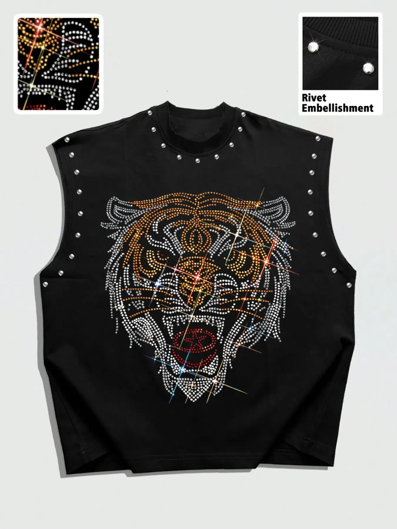 American Tiger Rhinestone Design Sleeveless T-Shirt, Rivet Sleeveless Vest, Loose Short Fit, Street Style, Pop Art Print, Men's Oversize Top