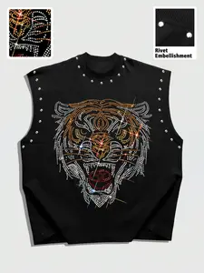 American Tiger Rhinestone Design Sleeveless T-Shirt, Rivet Sleeveless Vest, Loose Short Fit, Street Style, Pop Art Print, Men's Oversize Top