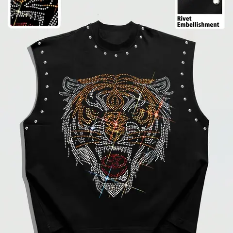 American Tiger Rhinestone Design Sleeveless T-Shirt, Rivet Sleeveless Vest, Loose Short Fit, Street Style, Pop Art Print, Men's Oversize Top, Streetwear, Graphic Tee Vest