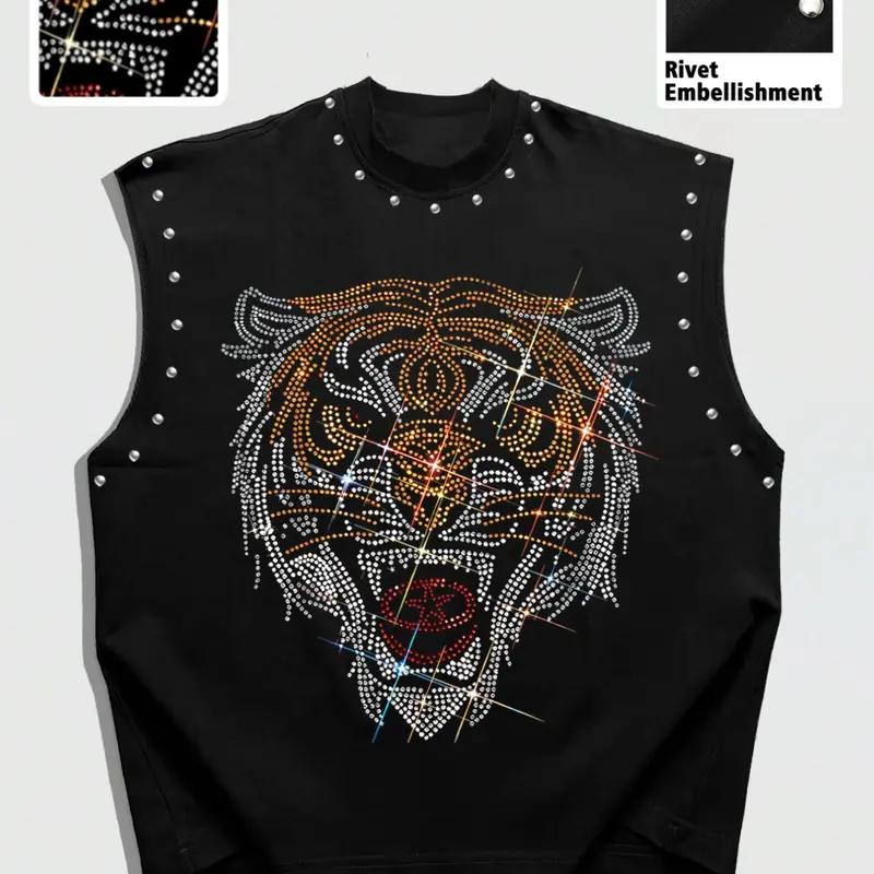 American Tiger Rhinestone Design Sleeveless T-Shirt, Rivet Sleeveless Vest, Loose Short Fit, Street Style, Pop Art Print, Men's Oversize Top, Streetwear, Graphic Tee Vest