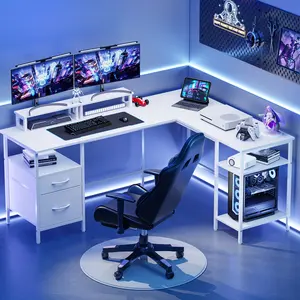 L Shaped Gaming Desk with Charging Station & 2 Monitor Stands, Computer Desk with Drawer & Adjustable Storage Shelves, Large Corner Desk for Home Office, 62 Inch Rust Wood