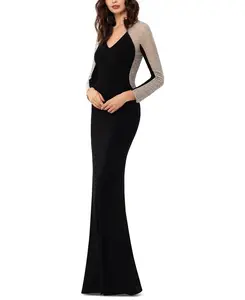XSCAPE Women's Petite Black Embellished Mesh Gown Dress