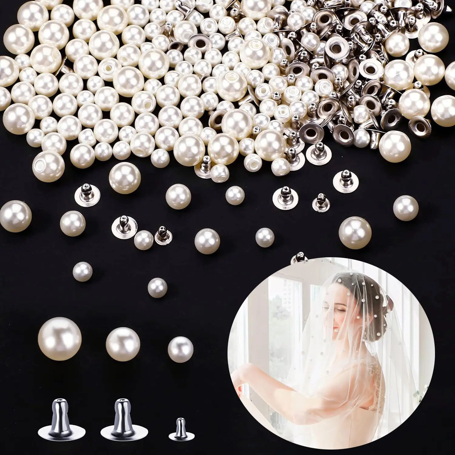 Pearl Rivet, Half Hole Faux Pearls Rivets Studs Buttons for Hat/Shoe/Clothes/Bag/Skirt/Bridal Veil DIY Accessories Pearl Decorative Buttons Fake Buttons Faux Button Detail (6mm/8mm/10mm)